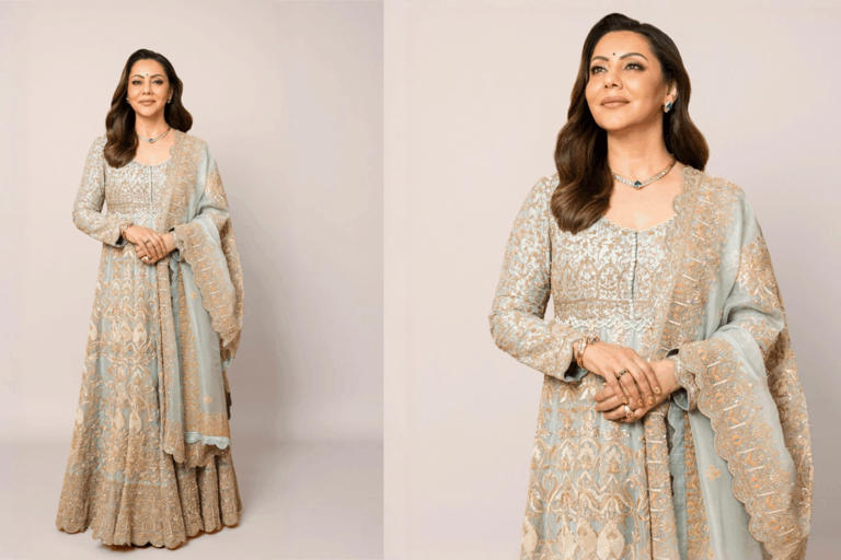 Hunterfly ds Gauri Khan wearing powder blue Anamika Khanna couture with Zoya jewellery