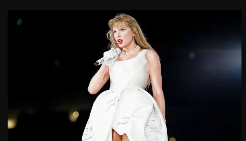 Taylor Swift attending a public event wearing a Dior-inspired fashion look