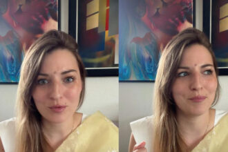 Hunterfly gdsfsdfdfg Polish woman discussing Europe's heatwave and India climate comparisons in a viral social media video