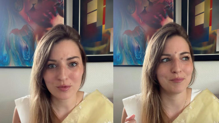 Polish woman discussing Europe's heatwave and India climate comparisons in a viral social media video