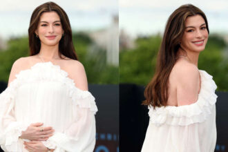 Hunterfly gfdsfds4fd Anne Hathaway wearing a ruffled maternity couture look during The Odyssey London promotional tour