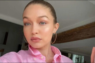 Hunterfly sdfdsfd Gigi Hadid wearing a sparkling pink vintage gown at a celebrity event
