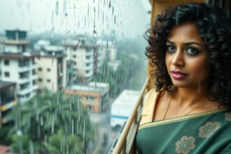 Hunterfly shot 2026 07 18 174133 Indian woman with curly hair managing monsoon frizz and humidity-related hair issues.