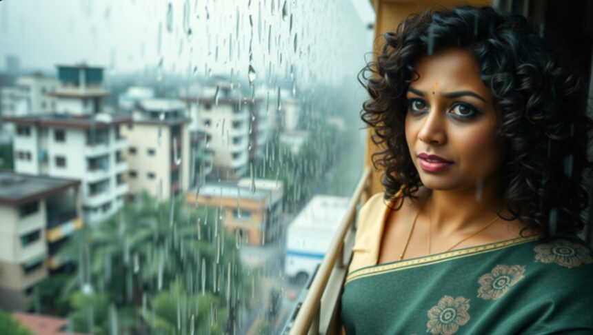 Indian woman with curly hair managing monsoon frizz and humidity-related hair issues.