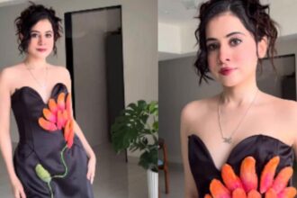Uorfi Javed wearing a custom dress decorated with hand-painted mango seeds.