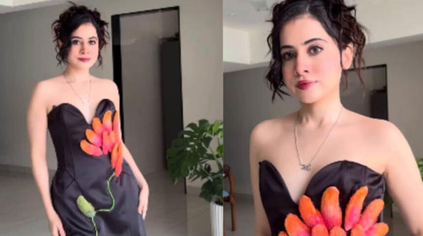 Uorfi Javed wearing a custom dress decorated with hand-painted mango seeds.