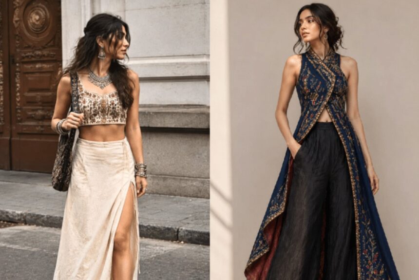Hunterfly t 2026 07 30 142934 Model wearing a modern Indo-Western fusion outfit with traditional embroidery and contemporary silhouette.