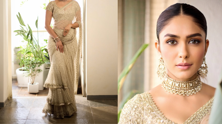 7. Golden Pre-Draped Sharara Saree: Effortless Luxury