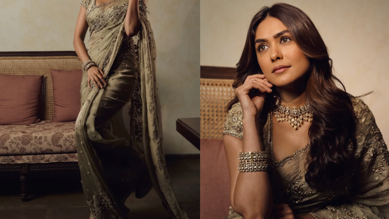 3. Olive Green Embellished Saree: Understated Glamour