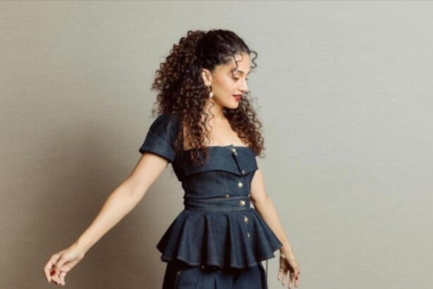 Taapsee Pannu showcasing six stylish outfits including elegant gowns, denim co-ords and statement contemporary fashion
