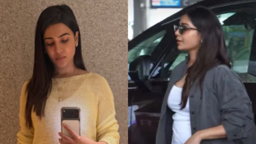 Hunterfly 026 08 02 183119 Pregnant Samantha Ruth Prabhu smiling at the airport while showcasing her baby bump in a comfortable travel outfit.
