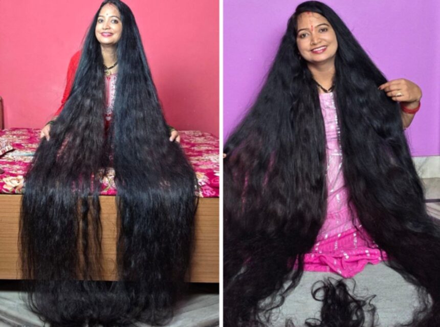 Renu Dhariyal with her Guinness World Record length hair measuring 271.5 centimetres