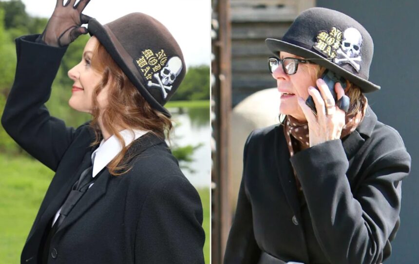 Kimberly Williams-Paisley wearing Diane Keaton's iconic hat and gloves
