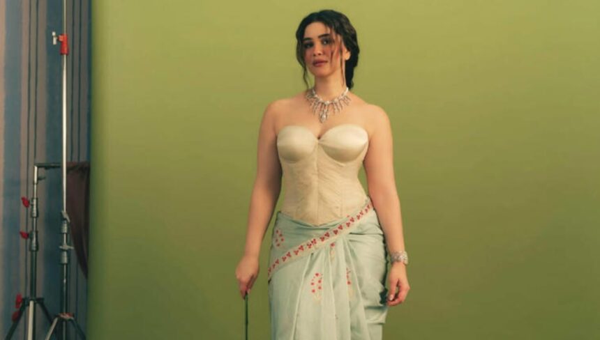 Hunterfly 026 08 10 153215 Sara Tendulkar wearing an ivory corset with a pastel green Banarasi saree for her Vogue cover shoot