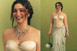 Sara Tendulkar wearing an ivory corset blouse with a pastel green Banarasi saree