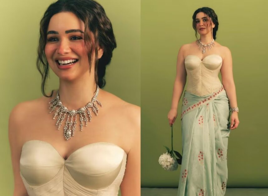 Sara Tendulkar wearing an ivory corset blouse with a pastel green Banarasi saree