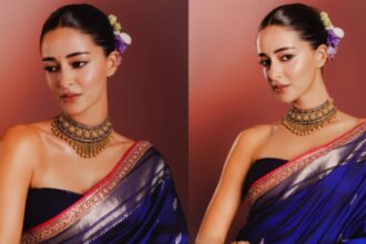 Ananya Panday wearing a royal blue Maharashtrian-style Banarasi saree by Manish Malhotra