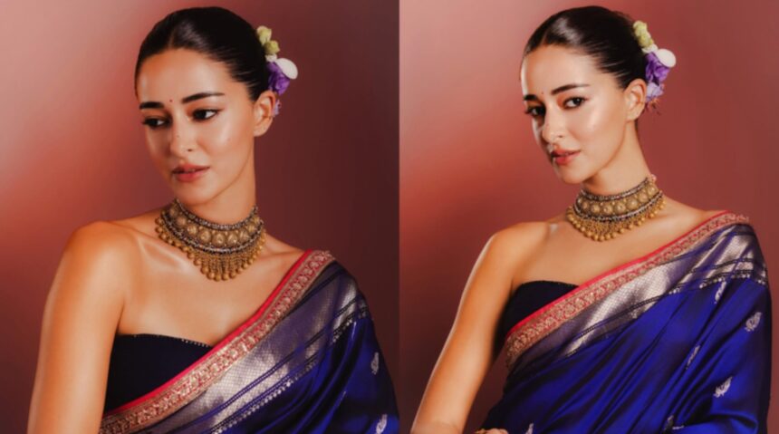 Hunterfly 026 08 11 203858 Ananya Panday wearing a royal blue Maharashtrian-style Banarasi saree by Manish Malhotra
