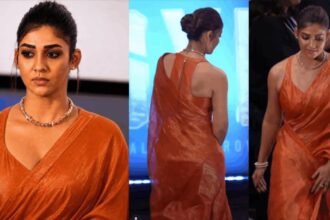 Nayanthara in a rust-orange saree at the Toxic trailer launch