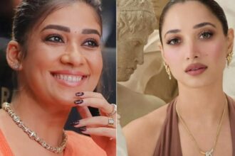 Nayanthara wearing Tamannaah Bhatia jewellery with an orange saree