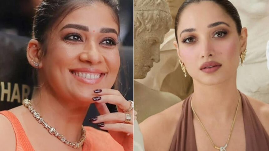 Hunterfly 026 08 12 134851 Nayanthara wearing Tamannaah Bhatia jewellery with an orange saree
