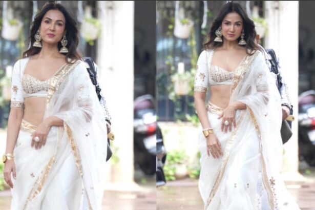 Sonal Chauhan in a white organza saree at the Mirzapur The Movie trailer launch