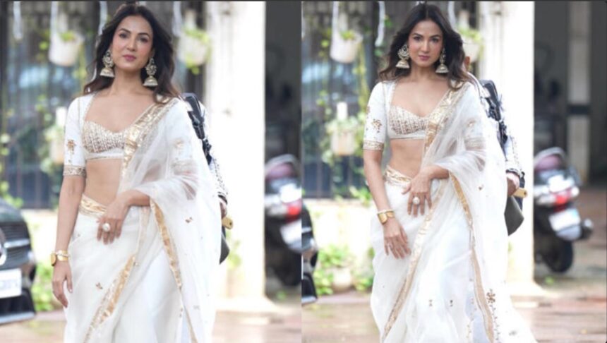 Sonal Chauhan in a white organza saree at the Mirzapur The Movie trailer launch