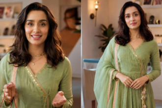 Hunterfly 026 08 13 195131 Shraddha Kapoor wearing a pastel Angrakha Anarkali set by Almaari by Pooja