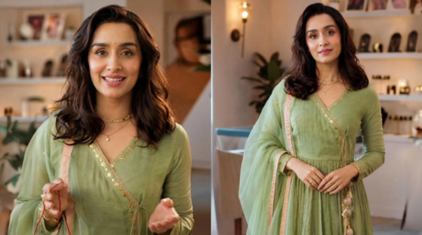 Shraddha Kapoor wearing a pastel Angrakha Anarkali set by Almaari by Pooja