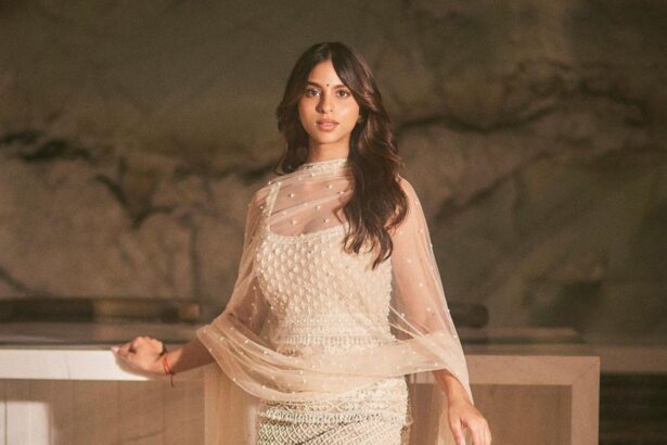 Suhana Khan wearing a bespoke beige Falguni Shane Peacock kurta set