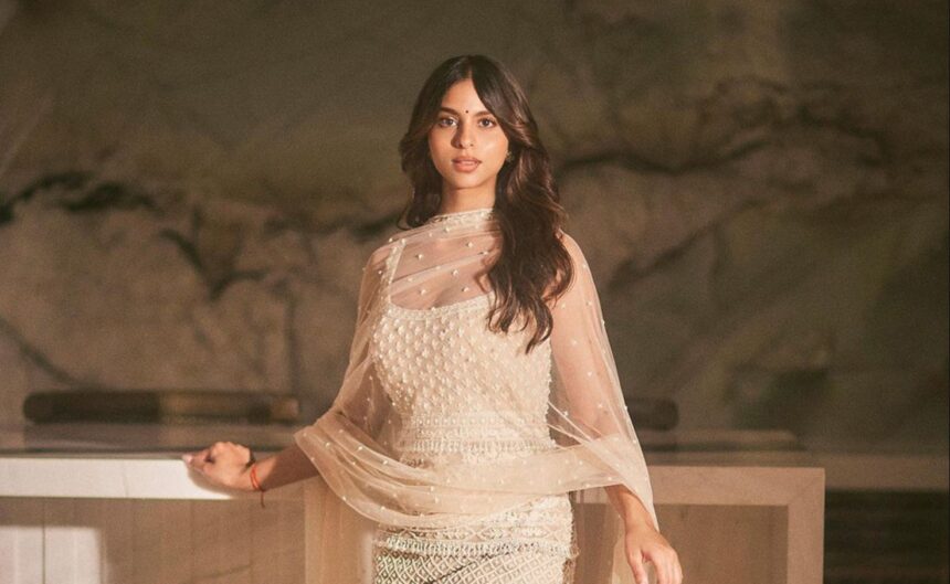 Suhana Khan wearing a bespoke beige Falguni Shane Peacock kurta set