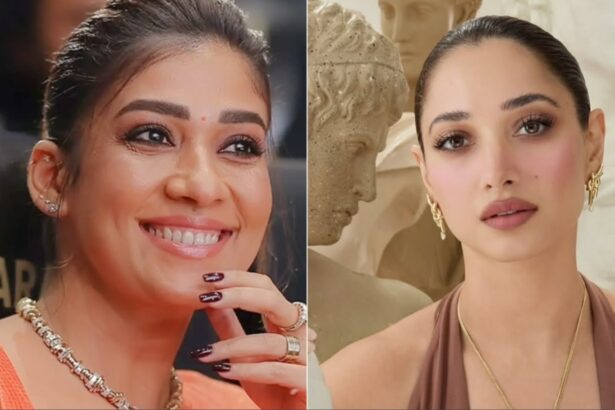 Nayanthara wears Tamannaah Bhatia jewellery with an orange saree at a film press event