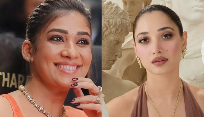 Nayanthara wears Tamannaah Bhatia jewellery with an orange saree at a film press event