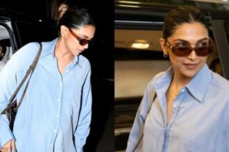 Deepika Padukone wears a Dua necklace during a rare airport appearance with Ranveer Singh
