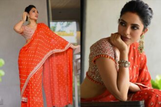 Sobhita Dhulipala in a coral orange Sindhoori saree by Arpita Mehta