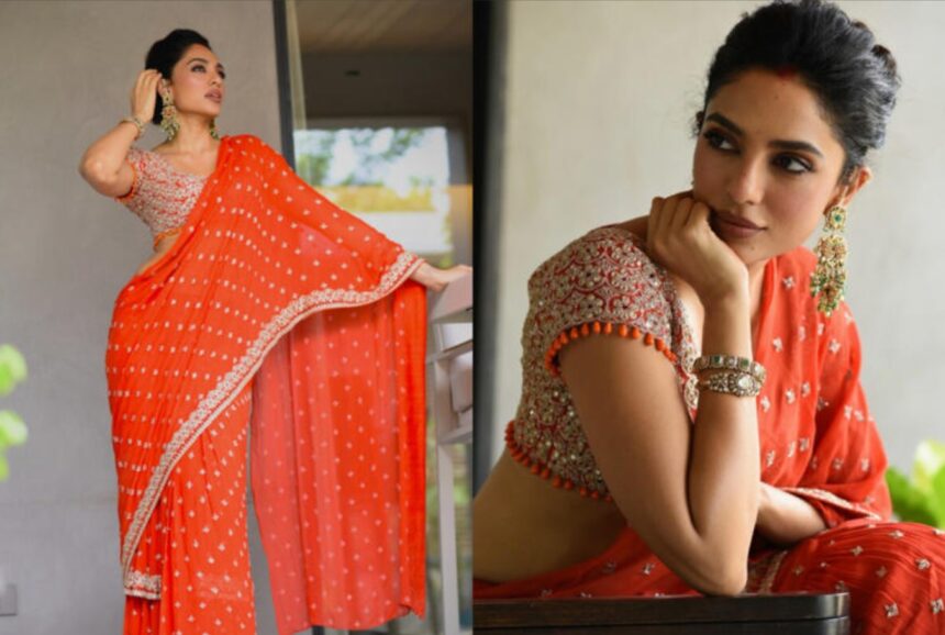 Hunterfly 026 08 17 150741 Sobhita Dhulipala in a coral orange Sindhoori saree by Arpita Mehta