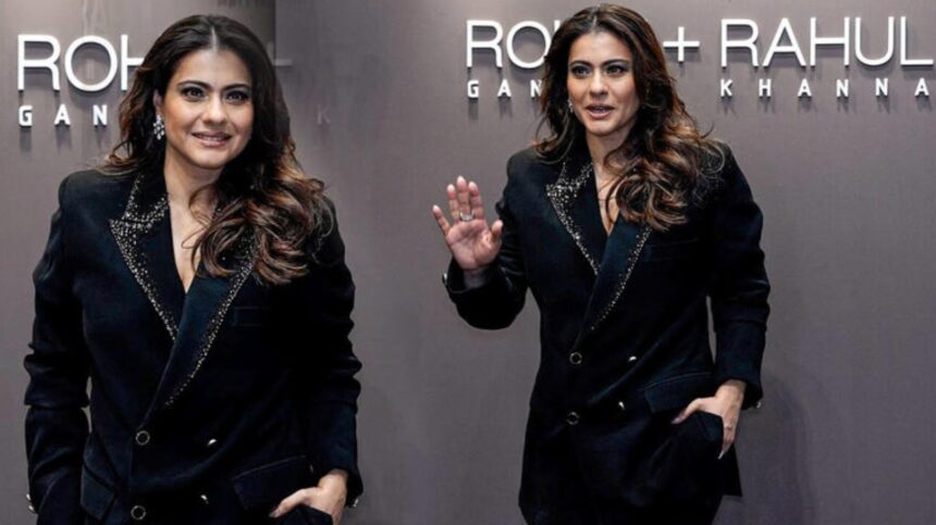 Kajol wearing a black pantsuit at Rohit Gandhi and Rahul Khanna’s Noir Botanica show