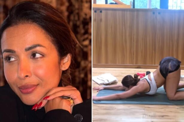 Hunterfly 026 08 23 200302 Malaika Arora demonstrating gentle yoga stretches for flexibility and mobility