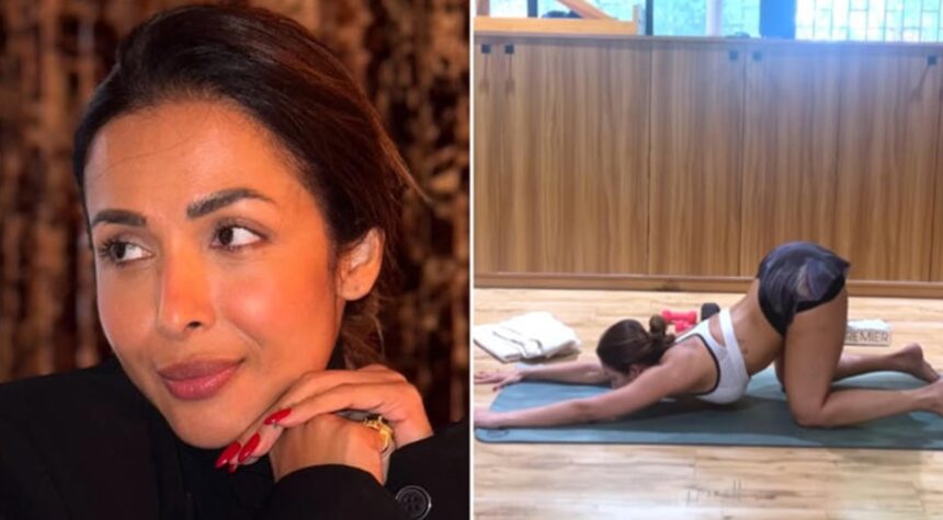 Hunterfly 026 08 23 200302 Malaika Arora demonstrating gentle yoga stretches for flexibility and mobility