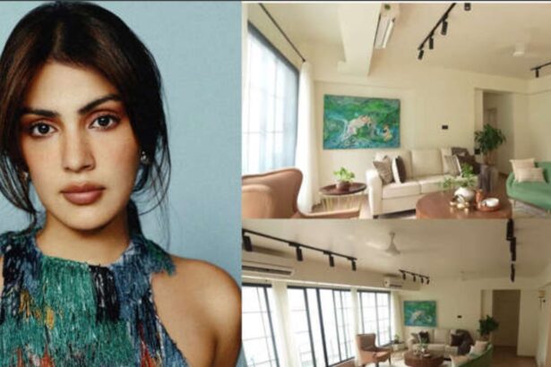 Rhea Chakraborty inside her new luxurious Mumbai home featuring elegant interiors and large windows.