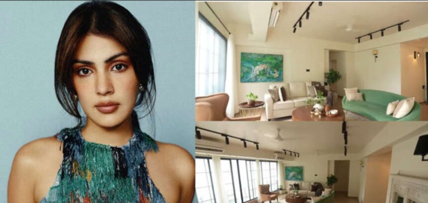 Rhea Chakraborty inside her new luxurious Mumbai home featuring elegant interiors and large windows.