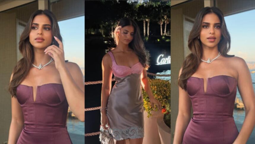 Suhana Khan wearing a plum Alex Perry designer dress at a glamorous Cartier event