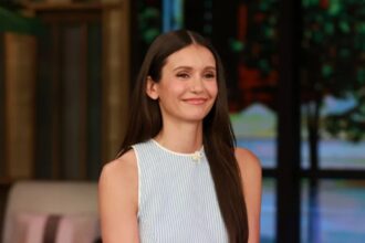 Hunterfly 026 08 31 195237 Nina Dobrev wearing a sky blue halter dress at Finneas and Claudia Sulewski’s wedding