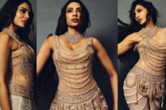 Sobhita Dhulipala posing in a sculptural body-hugging designer outfit during a fashion photoshoot.
