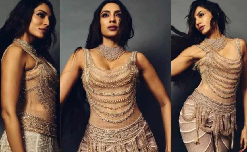 Sobhita Dhulipala posing in a sculptural body-hugging designer outfit during a fashion photoshoot.