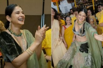 Hunterfly 2026 08 02 194215 Jennifer Winget during her haldi ceremony wearing a green lehenga alongside husband William Ishmael.