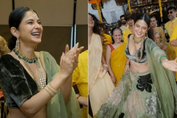 Jennifer Winget during her haldi ceremony wearing a green lehenga alongside husband William Ishmael.