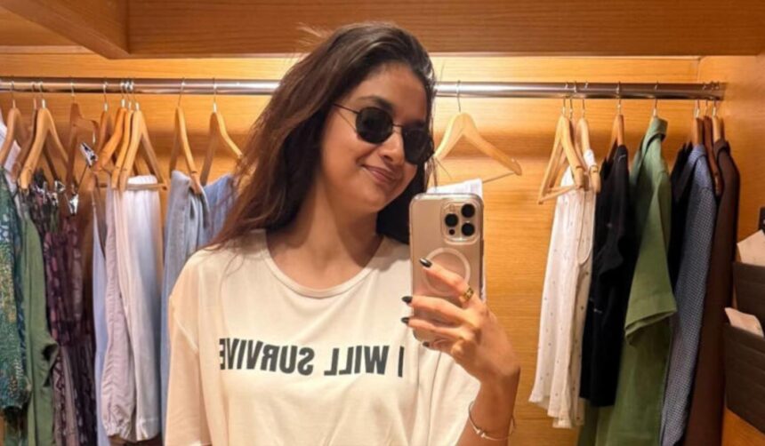 Hunterfly 2026 08 05 120138 Keerthy Suresh shares an Instagram update about working continuously across multiple film shoots.