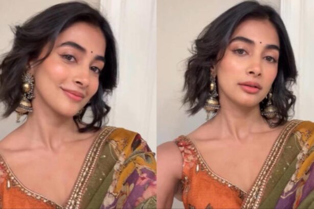 Pooja Hegde wearing an olive-green printed saree during a public event in the United States.