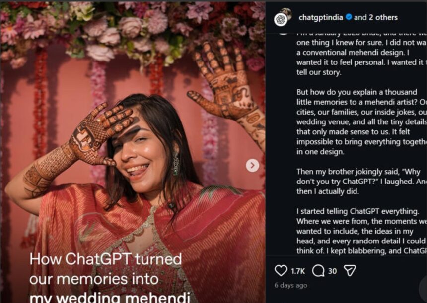 A bride showcasing her personalised bridal mehendi inspired by her love story.